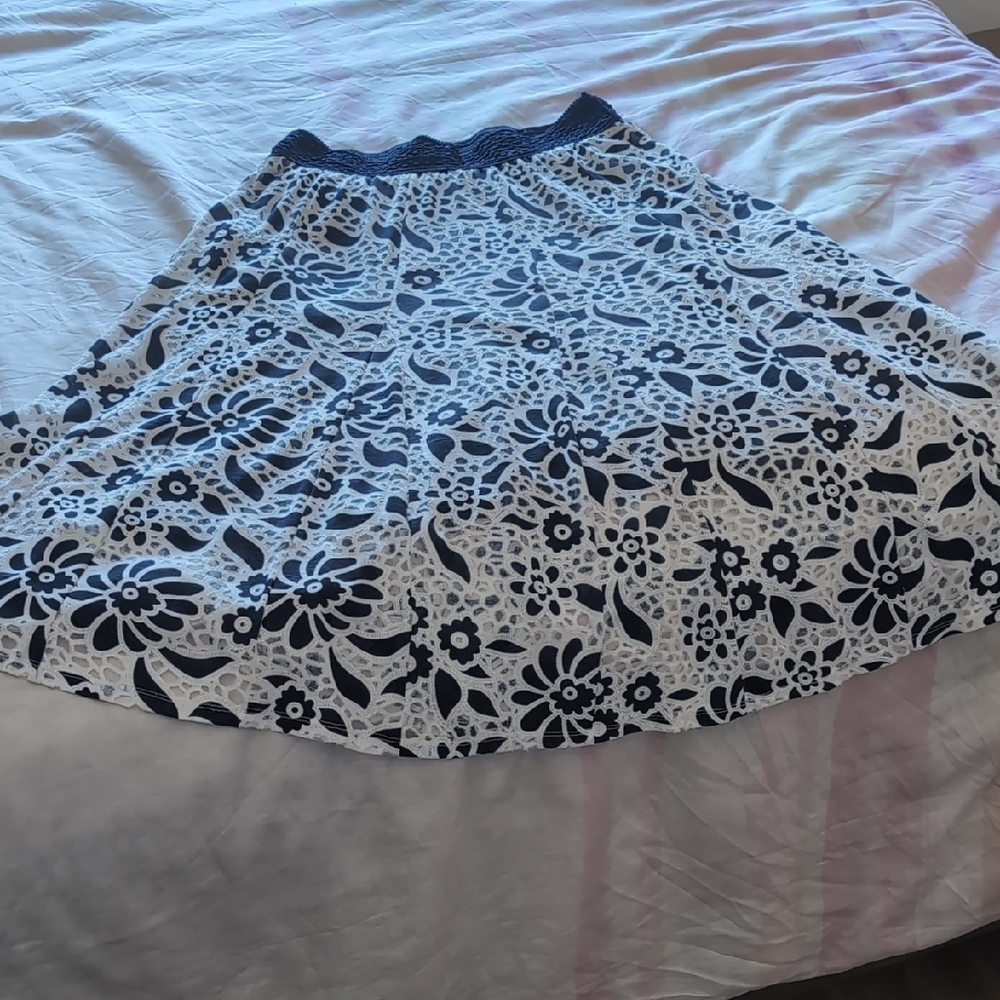 Lapis Navy and White Floral Lace Circle Skirt